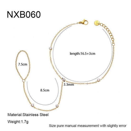 Picture of Wholesale 304 Stainless Steel & Cubic Zirconia Handmade Link Chain Hand Chain Slave Finger Ring Bracelet, 18K Real Gold Plated PVD, Women's Stylish & Casual Exquisite Gift Jewelry Supply, 16.5cm(6.5") + 3cm(1.2") long, 1 Piece