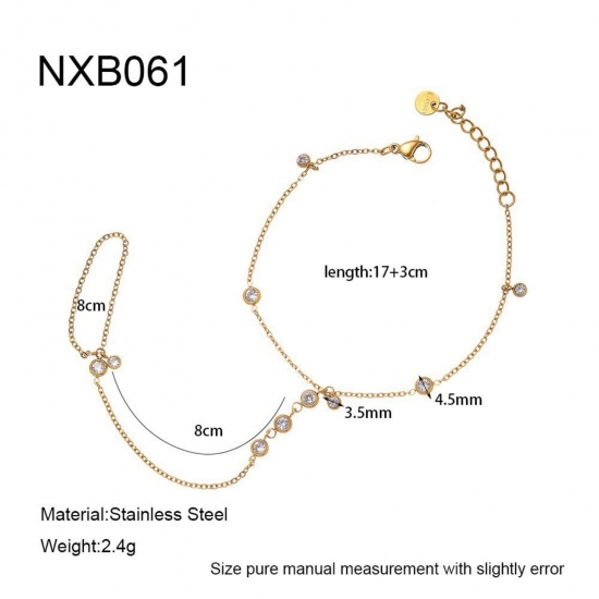 Picture of Wholesale 304 Stainless Steel & Cubic Zirconia Handmade Link Chain Hand Chain Slave Finger Ring Bracelet, 18K Real Gold Plated PVD, Women's Stylish & Casual Exquisite Gift Jewelry Supply, 17cm(6.7") + 3cm(1.2") long, 1 Piece