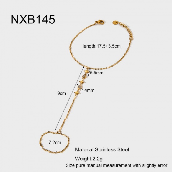 Picture of Wholesale 304 Stainless Steel & Cubic Zirconia Handmade Link Chain Hand Chain Slave Finger Ring Bracelet, 18K Real Gold Plated PVD, Women's Stylish & Casual Exquisite Gift Jewelry Supply, 17.5cm(6.9") + 3.5cm(1.4") long, 1 Piece