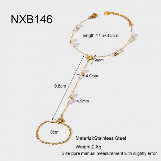Picture of Wholesale 304 Stainless Steel & Cubic Zirconia Handmade Link Chain Hand Chain Slave Finger Ring Bracelet, 18K Real Gold Plated PVD, Women's Stylish & Casual Exquisite Gift Jewelry Supply, 17.5cm(6.9") + 3.5cm(1.4") long, 1 Piece