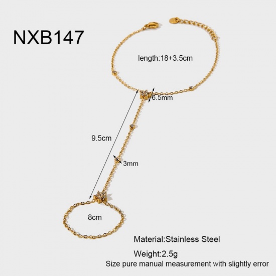 Picture of Wholesale 304 Stainless Steel & Cubic Zirconia Handmade Link Chain Hand Chain Slave Finger Ring Bracelet, 18K Real Gold Plated PVD, Women's Stylish & Casual Exquisite Gift Jewelry Supply, 18cm(7.1") + 3.5cm(1.4") long, 1 Piece