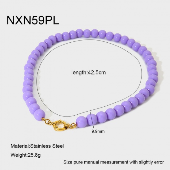 Bild von Großhandel Lila Perlenkette, 18K Vergoldet 304 Edelstahl & Acryl, Frauen Umweltfreundliche PVD Lässig Böhmen Geschenk Schmuck für Einzelhändler, 42.5cm lang, 1 Strang