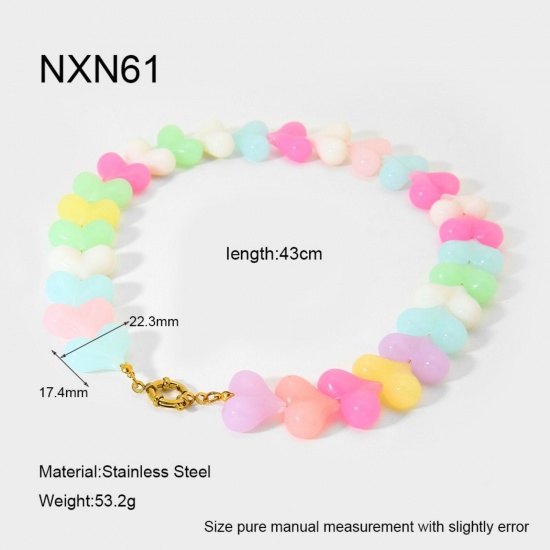 Bild von Großhandel Herz Bunt Perlenkette, 18K Vergoldet 304 Edelstahl & Acryl, Frauen Umweltfreundliche PVD Lässig Böhmen Geschenk Schmuck für Einzelhändler, 40cm lang, 1 Strang