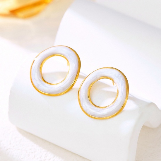 Immagine di Semplice Retrò Orecchini a Perno All'Ingrosso, Tondo Bianco Smalto Placcato Oro 18K 304 Acciaio Inossidabile, Donne Regalo Fornitura di Gioielli, 1 Paio