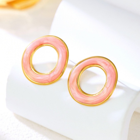 Immagine di Semplice Retrò Orecchini a Perno All'Ingrosso, Tondo Rosa Smalto Placcato Oro 18K 304 Acciaio Inossidabile, Donne Regalo Fornitura di Gioielli, 1 Paio