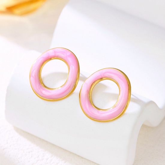 Immagine di Semplice Retrò Orecchini a Perno All'Ingrosso, Tondo Rosso Prugna Smalto Placcato Oro 18K 304 Acciaio Inossidabile, Donne Regalo Fornitura di Gioielli, 1 Paio