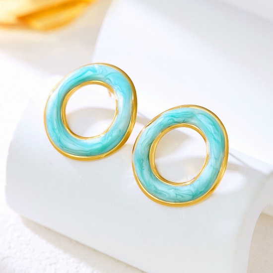 Immagine di Semplice Retrò Orecchini a Perno All'Ingrosso, Tondo Blu Smalto Placcato Oro 18K 304 Acciaio Inossidabile, Donne Regalo Fornitura di Gioielli, 1 Paio