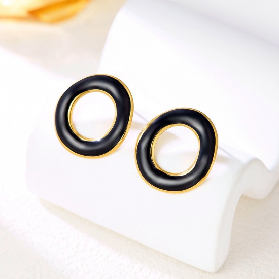 Immagine di Semplice Retrò Orecchini a Perno All'Ingrosso, Tondo Nero Smalto Placcato Oro 18K 304 Acciaio Inossidabile, Donne Regalo Fornitura di Gioielli, 1 Paio