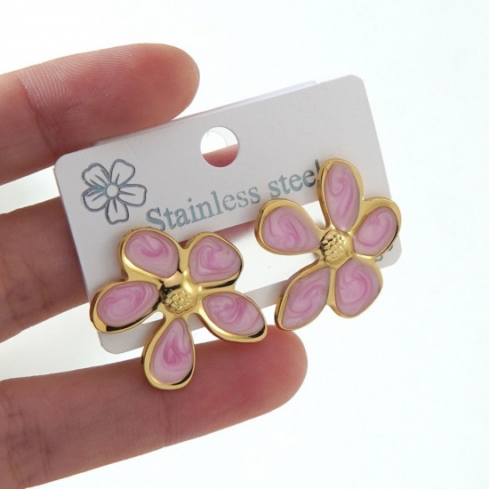 Picture of Wholesale Casual Dainty Ear Post Stud Earrings, Flower Pink Enamel 18K Gold Plated 304 Stainless Steel, Women's Gift Jewelry Supply, 1 Pair