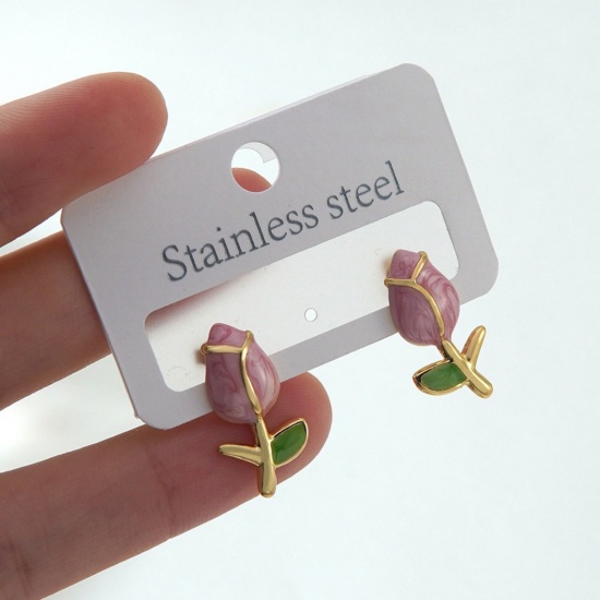 Picture of Wholesale Casual Dainty Ear Post Stud Earrings, Rose Flower Pink Enamel 18K Gold Plated 304 Stainless Steel, Women's Gift Jewelry Supply, 1 Pair