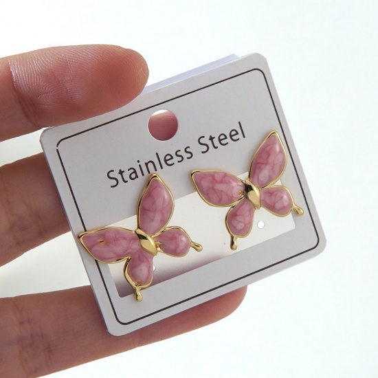 Picture of Wholesale Casual Dainty Ear Post Stud Earrings, Butterfly Animal Pink Enamel 18K Gold Plated 304 Stainless Steel, Women's Gift Jewelry Supply, 1 Pair