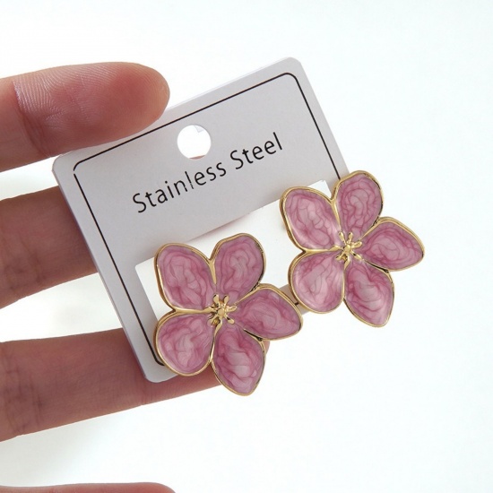 Picture of Wholesale Simple Retro Ear Post Stud Earrings, Flower Pink Enamel 18K Gold Plated 304 Stainless Steel, Women's Gift Jewelry Supply, 1 Pair