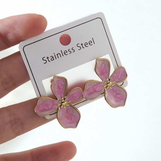 Picture of Wholesale Simple Retro Ear Post Stud Earrings, Flower Pink Enamel 18K Gold Plated 304 Stainless Steel, Women's Gift Jewelry Supply, 1 Pair