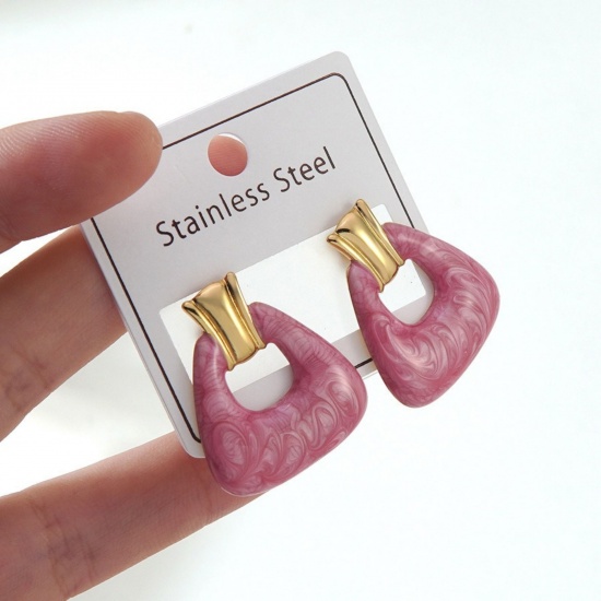 Picture of Wholesale Simple Retro Ear Post Stud Earrings, Geometric Pink Enamel 18K Gold Plated 304 Stainless Steel, Women's Gift Jewelry Supply, 1 Pair