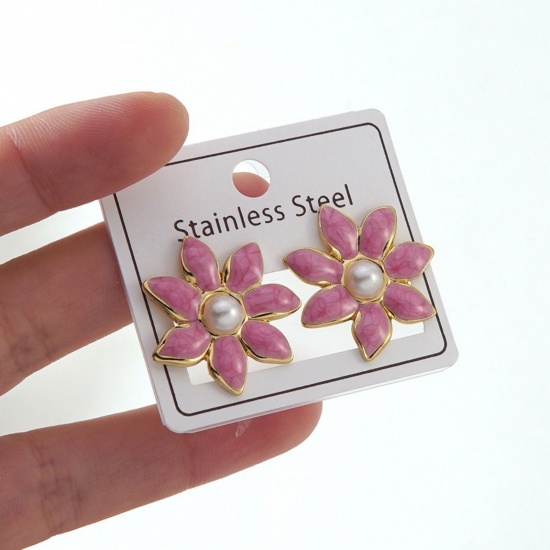 Picture of Wholesale Simple Retro Ear Post Stud Earrings, Flower Pink Enamel 18K Gold Plated 304 Stainless Steel, Women's Gift Jewelry Supply, 1 Pair