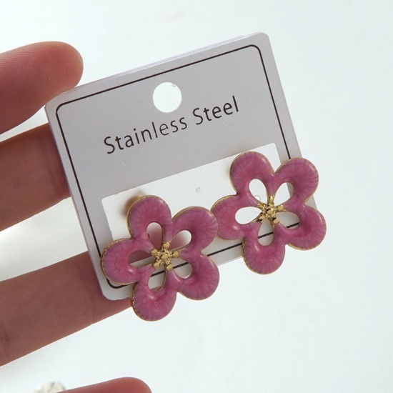 Picture of Wholesale Simple Retro Ear Post Stud Earrings, Flower Pink Enamel 18K Gold Plated 304 Stainless Steel, Women's Gift Jewelry Supply, 1 Pair
