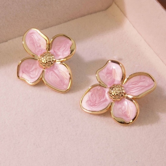 Picture of Wholesale Simple Retro Ear Post Stud Earrings, Petaline Pink Enamel 18K Gold Plated 304 Stainless Steel, Women's Gift Jewelry Supply, 22mm x 22mm, 1 Pair