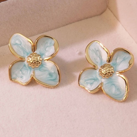 Picture of Wholesale Simple Retro Ear Post Stud Earrings, Petaline Blue Enamel 18K Gold Plated 304 Stainless Steel, Women's Gift Jewelry Supply, 22mm x 22mm, 1 Pair
