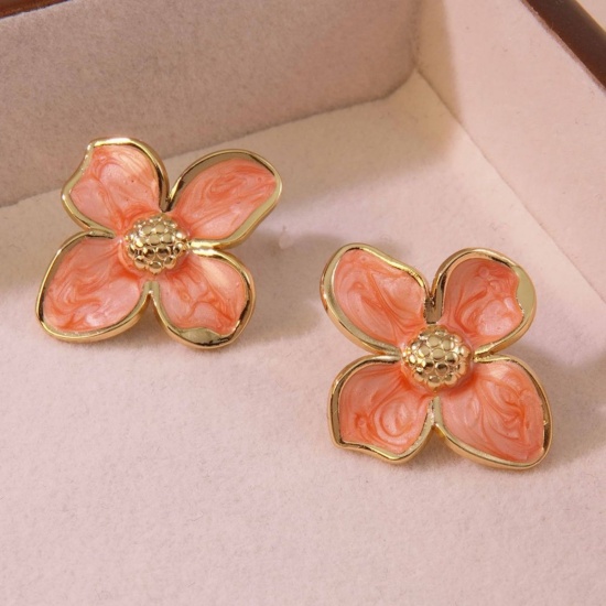 Picture of Wholesale Simple Retro Ear Post Stud Earrings, Petaline Red Enamel 18K Gold Plated 304 Stainless Steel, Women's Gift Jewelry Supply, 22mm x 22mm, 1 Pair