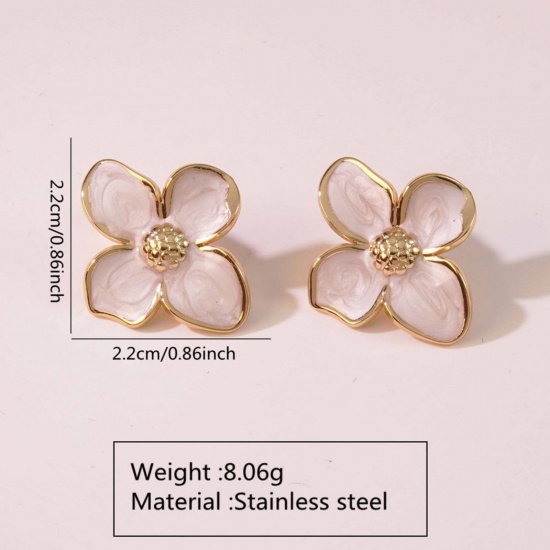 Picture of Wholesale Simple Retro Ear Post Stud Earrings, Petaline White Enamel 18K Gold Plated 304 Stainless Steel, Women's Gift Jewelry Supply, 22mm x 22mm, 1 Pair