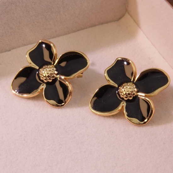 Picture of Wholesale Simple Retro Ear Post Stud Earrings, Petaline Black Enamel 18K Gold Plated 304 Stainless Steel, Women's Gift Jewelry Supply, 22mm x 22mm, 1 Pair