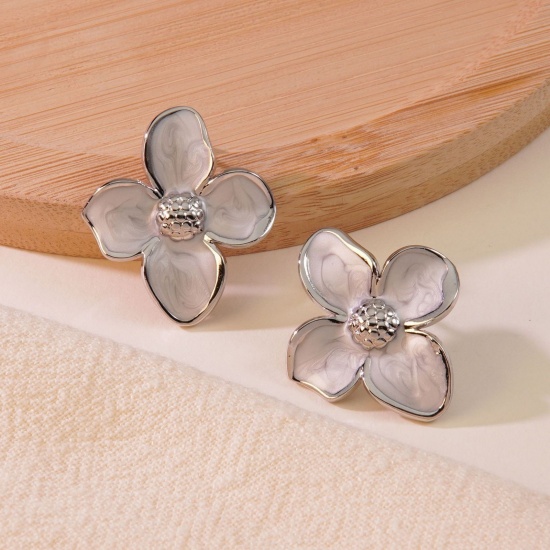 Picture of Wholesale Simple Retro Ear Post Stud Earrings, Petaline White Enamel 18K Gold Plated 304 Stainless Steel, Women's Gift Jewelry Supply, 22mm x 22mm, 1 Pair