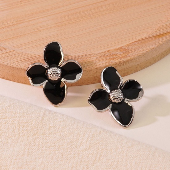 Picture of Wholesale Simple Retro Ear Post Stud Earrings, Petaline Black Enamel 18K Gold Plated 304 Stainless Steel, Women's Gift Jewelry Supply, 22mm x 22mm, 1 Pair