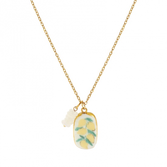 Immagine di Ovale Limone Ceramica Stampato Collana con Ciondolo All'Ingrosso, Placcato Oro 18K 304 Acciaio Inossidabile & Cristallo Catena a Cavo, Donne PVD Y2K Dolce & Carino Regalo Gioielli Per Rivenditore, 45cm + 5cm Lunghezza, 1 Pz