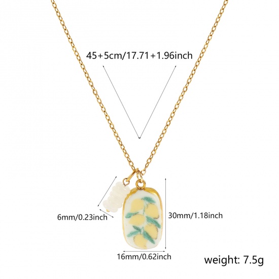 Immagine di Ovale Limone Ceramica Stampato Collana con Ciondolo All'Ingrosso, Placcato Oro 18K 304 Acciaio Inossidabile & Cristallo Catena a Cavo, Donne PVD Y2K Dolce & Carino Regalo Gioielli Per Rivenditore, 45cm + 5cm Lunghezza, 1 Pz