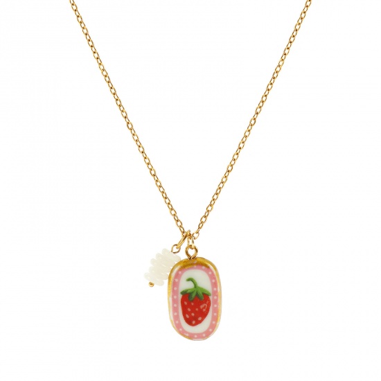 Immagine di Ovale Fragola Ceramica Stampato Collana con Ciondolo All'Ingrosso, Placcato Oro 18K 304 Acciaio Inossidabile & Cristallo Catena a Cavo, Donne PVD Y2K Dolce & Carino Regalo Gioielli Per Rivenditore, 45cm + 5cm Lunghezza, 1 Pz