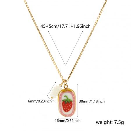 Picture of Wholesale Oval Strawberry Fruit Ceramic Printed Pendant Charm Necklace, 18K Gold Plated 304 Stainless Steel & Quartz Crystal Link Cable Chain, Women's PVD Y2K Sweet & Cute Gift Jewelry For Retailer, 45cm(17.7") + 5cm(2") long, 1 Piece