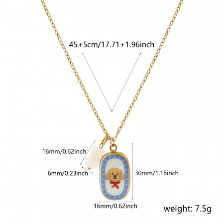 Picture of Wholesale Oval Dog Ceramic Printed Pendant Charm Necklace, 18K Gold Plated 304 Stainless Steel & Quartz Crystal Link Cable Chain, Women's PVD Y2K Sweet & Cute Gift Jewelry For Retailer, 45cm(17.7") + 5cm(2") long, 1 Piece