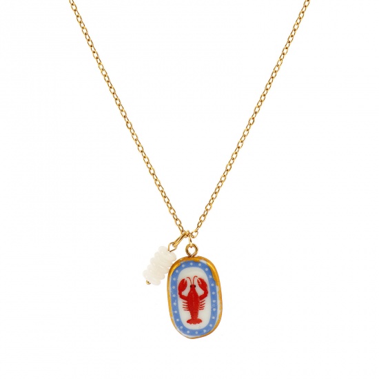 Immagine di Ovale Aragosta Ceramica Stampato Collana con Ciondolo All'Ingrosso, Placcato Oro 18K 304 Acciaio Inossidabile & Cristallo Catena a Cavo, Donne PVD Y2K Dolce & Carino Regalo Gioielli Per Rivenditore, 45cm + 5cm Lunghezza, 1 Pz