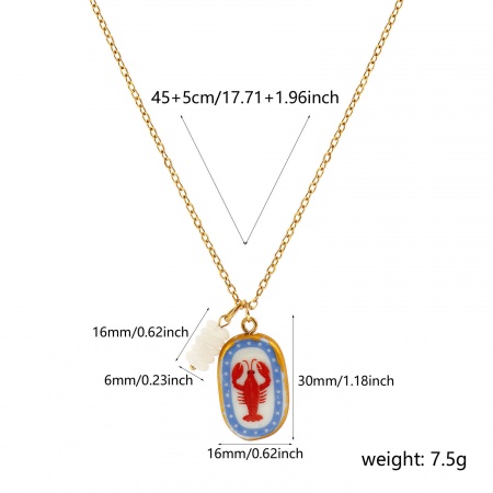 Picture of Wholesale Oval Lobster Ceramic Printed Pendant Charm Necklace, 18K Gold Plated 304 Stainless Steel & Quartz Crystal Link Cable Chain, Women's PVD Y2K Sweet & Cute Gift Jewelry For Retailer, 45cm(17.7") + 5cm(2") long, 1 Piece