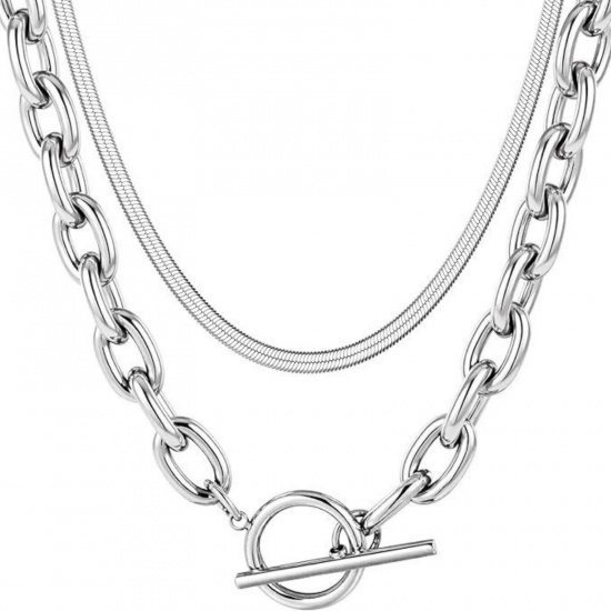 Picture of Wholesale Link Cable Chain Layered Stackable Necklace Set, Silver Tone 304 Stainless Steel, Unisex Stylish Simple & Casual Gift Jewelry For Retailer, 45cm(17.7") long, 1 Set ( 2 PCs/Set)