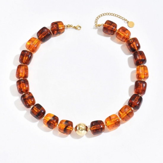 Picture of Wholesale Abacus Brown Curb Link Chain Beaded Necklace, Gold Plated Stainless Steel & Resin, Women's Hypoallergenic Boho Chic Bohemia Ethnic Style Gift Jewelry For Retailer, 42cm(16.5") + 7cm(2.8") long, 1 Piece