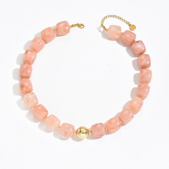 Picture of Wholesale Abacus Pink Curb Link Chain Beaded Necklace, Gold Plated Stainless Steel & Resin, Women's Hypoallergenic Boho Chic Bohemia Ethnic Style Gift Jewelry For Retailer, 42cm(16.5") + 7cm(2.8") long, 1 Piece