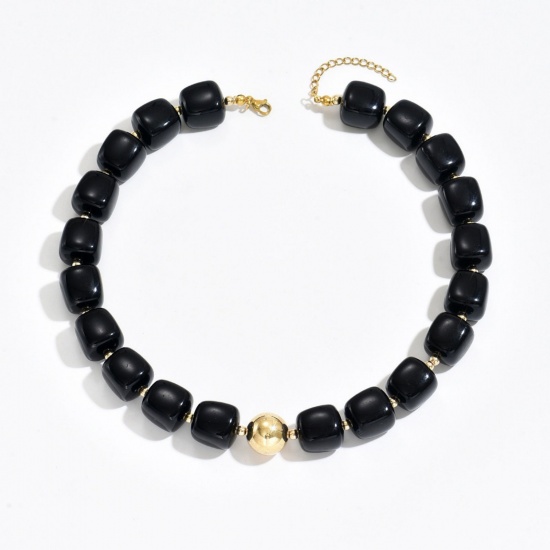 Picture of Wholesale Abacus Black Curb Link Chain Beaded Necklace, Gold Plated Stainless Steel & Resin, Women's Hypoallergenic Boho Chic Bohemia Ethnic Style Gift Jewelry For Retailer, 42cm(16.5") + 7cm(2.8") long, 1 Piece