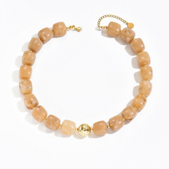 Picture of Wholesale Abacus Apricot Beige Curb Link Chain Beaded Necklace, Gold Plated Stainless Steel & Resin, Women's Hypoallergenic Boho Chic Bohemia Ethnic Style Gift Jewelry For Retailer, 42cm(16.5") + 7cm(2.8") long, 1 Piece