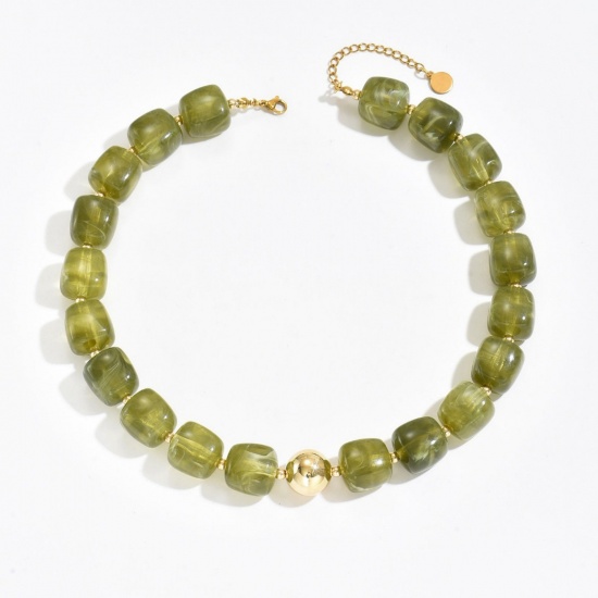 Picture of Wholesale Abacus Green Curb Link Chain Beaded Necklace, Gold Plated Stainless Steel & Resin, Women's Hypoallergenic Boho Chic Bohemia Ethnic Style Gift Jewelry For Retailer, 42cm(16.5") + 7cm(2.8") long, 1 Piece