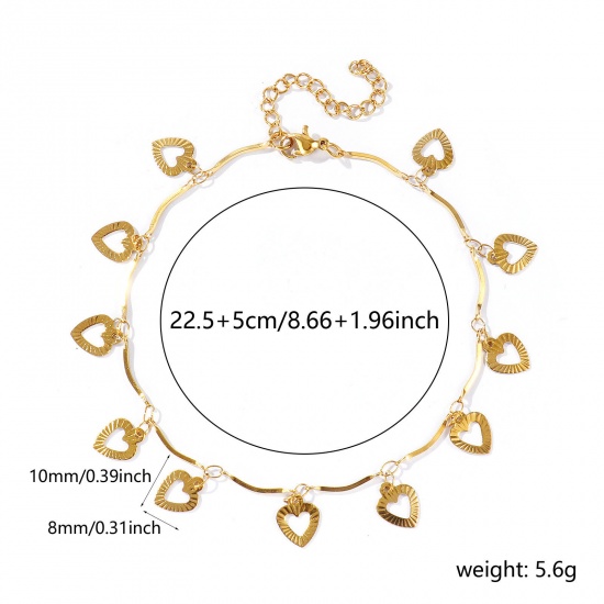 Immagine di Cuore 304 Acciaio Inossidabile Catena a Maglia Fatta a Mano Cavigliera della Stazione All'Ingrosso, 18K Vero Oro Placcato Placcatura Sottovuoto Ecologica Impermeabile Anti-Ossidante Ipoallergenico, Donne Semplice Dolce & Carino Regalo Fornitura di Gioielli, 22cm + 5cm Lunghezza, 1 Pz