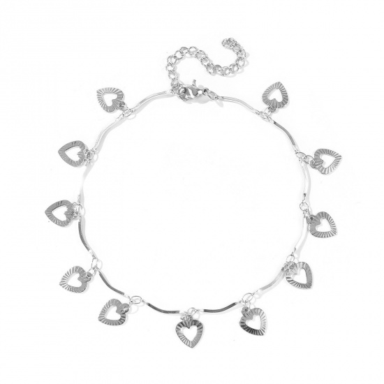 Immagine di Cuore 304 Acciaio Inossidabile Catena a Maglia Fatta a Mano Cavigliera della Stazione All'Ingrosso, Tono Argento Donne Semplice Dolce & Carino Regalo Fornitura di Gioielli, 22cm + 5cm Lunghezza, 1 Pz