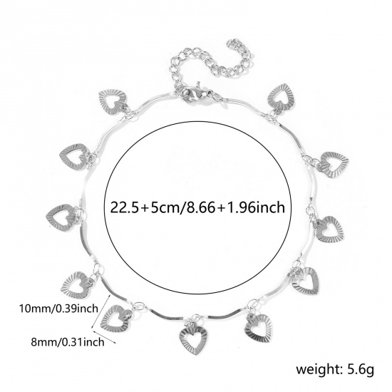 Immagine di Cuore 304 Acciaio Inossidabile Catena a Maglia Fatta a Mano Cavigliera della Stazione All'Ingrosso, Tono Argento Donne Semplice Dolce & Carino Regalo Fornitura di Gioielli, 22cm + 5cm Lunghezza, 1 Pz