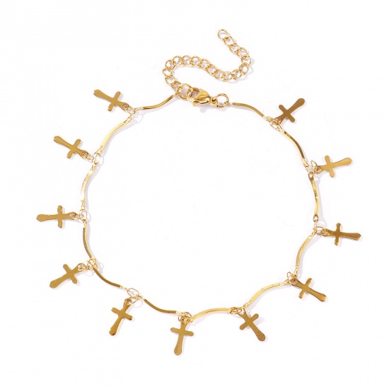 Immagine di Croce 304 Acciaio Inossidabile Catena a Maglia Fatta a Mano Cavigliera della Stazione All'Ingrosso, 18K Vero Oro Placcato Placcatura Sottovuoto Ecologica Impermeabile Anti-Ossidante Ipoallergenico, Donne Semplice Dolce & Carino Regalo Fornitura di Gioielli, 22cm + 5cm Lunghezza, 1 Pz