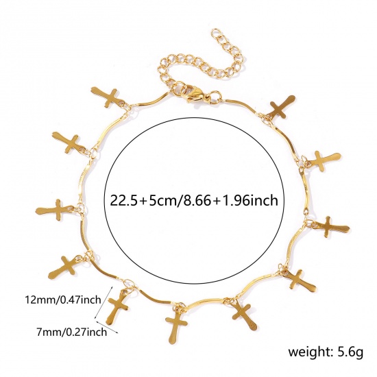 Immagine di Croce 304 Acciaio Inossidabile Catena a Maglia Fatta a Mano Cavigliera della Stazione All'Ingrosso, 18K Vero Oro Placcato Placcatura Sottovuoto Ecologica Impermeabile Anti-Ossidante Ipoallergenico, Donne Semplice Dolce & Carino Regalo Fornitura di Gioielli, 22cm + 5cm Lunghezza, 1 Pz