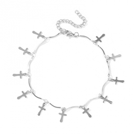 Immagine di Croce 304 Acciaio Inossidabile Catena a Maglia Fatta a Mano Cavigliera della Stazione All'Ingrosso, Tono Argento Donne Semplice Dolce & Carino Regalo Fornitura di Gioielli, 22cm + 5cm Lunghezza, 1 Pz