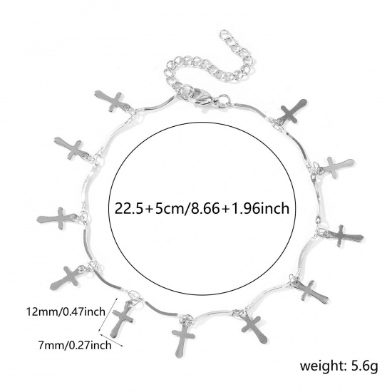 Immagine di Croce 304 Acciaio Inossidabile Catena a Maglia Fatta a Mano Cavigliera della Stazione All'Ingrosso, Tono Argento Donne Semplice Dolce & Carino Regalo Fornitura di Gioielli, 22cm + 5cm Lunghezza, 1 Pz