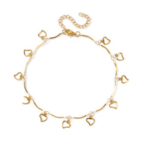 Immagine di Cuore 304 Acciaio Inossidabile Catena a Maglia Fatta a Mano Cavigliera della Stazione All'Ingrosso, 18K Vero Oro Placcato Placcatura Sottovuoto Ecologica Impermeabile Anti-Ossidante Ipoallergenico, Donne Semplice Dolce & Carino Regalo Fornitura di Gioielli, 22cm + 5cm Lunghezza, 1 Pz
