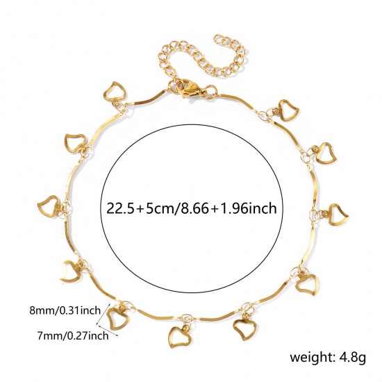 Immagine di Cuore 304 Acciaio Inossidabile Catena a Maglia Fatta a Mano Cavigliera della Stazione All'Ingrosso, 18K Vero Oro Placcato Placcatura Sottovuoto Ecologica Impermeabile Anti-Ossidante Ipoallergenico, Donne Semplice Dolce & Carino Regalo Fornitura di Gioielli, 22cm + 5cm Lunghezza, 1 Pz