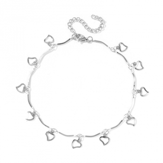 Immagine di Cuore 304 Acciaio Inossidabile Catena a Maglia Fatta a Mano Cavigliera della Stazione All'Ingrosso, Tono Argento Donne Semplice Dolce & Carino Regalo Fornitura di Gioielli, 22cm + 5cm Lunghezza, 1 Pz